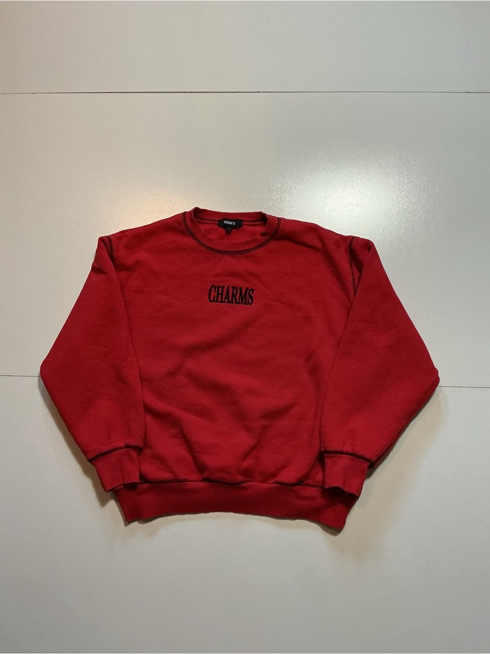 Charm's Korea Red Fleece Embroidered Boxy Fit Crewneck Pullover Sweatshirt